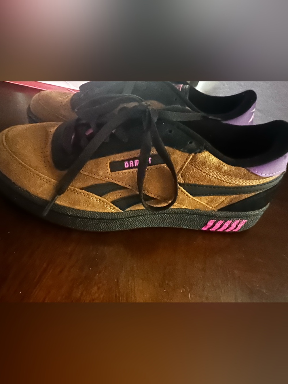 Brown Suede Sneakers with Black & Pink Accents